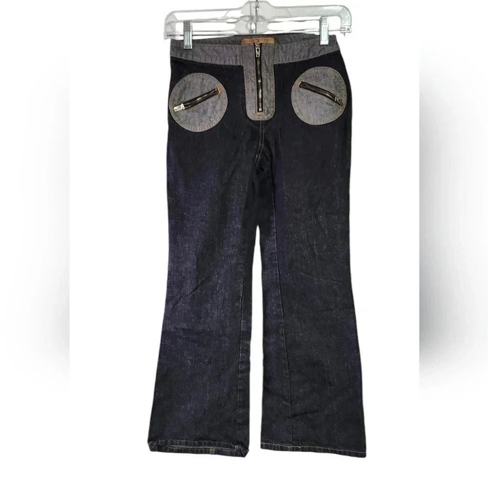 Tommy Hilfiger Dark Wash Flared Denim Pants | Size 10 | Retro Zip & Circle Pocke